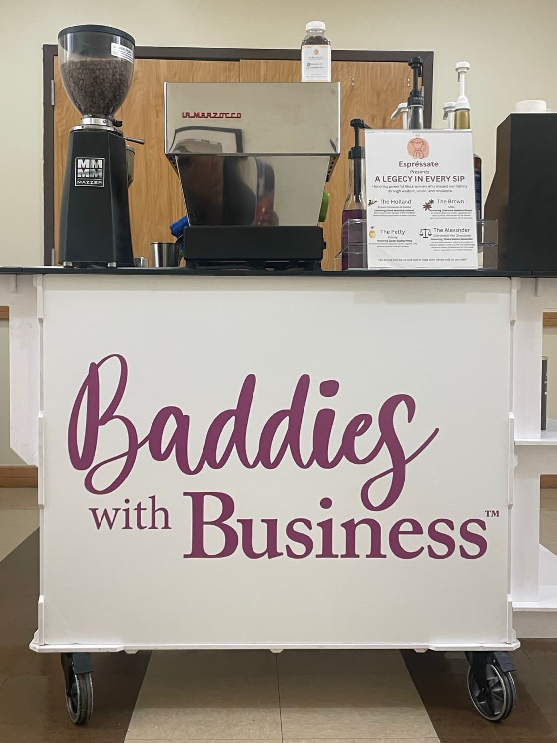 Custom-branded Espréssate coffee cart with a bespoke printed event menu